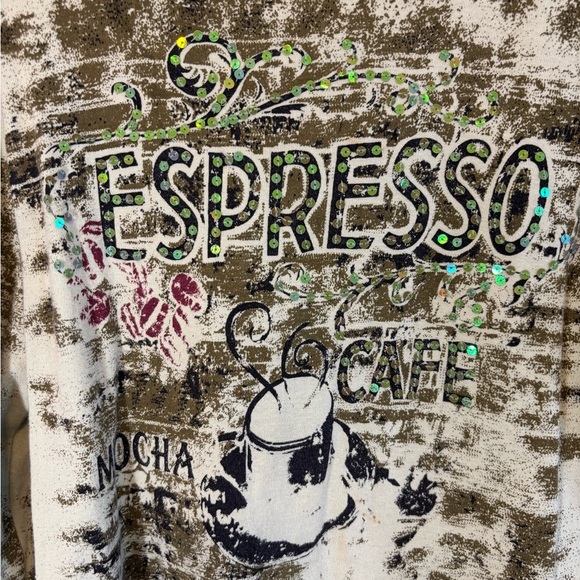 Y2K Sequin Printed Beaded Long Sleeve Espresso Graphic Top - Size XL(Fits Medium - Picture 11 of 11